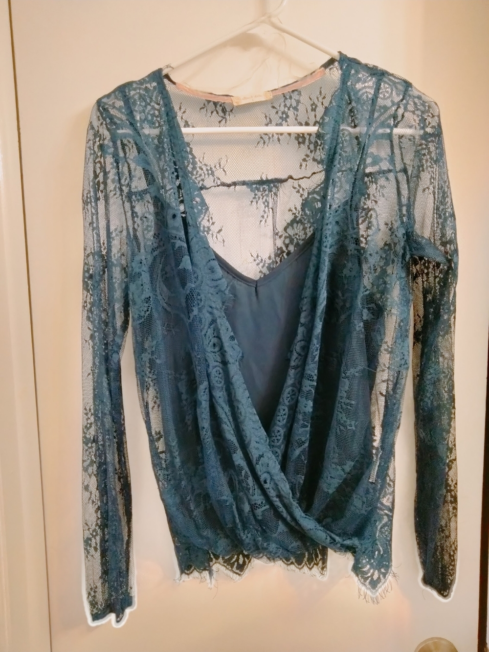 Altar'd State Teal Lace Draped Wrap Blouse